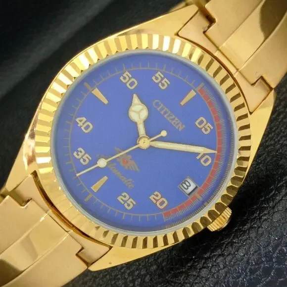 Vintage 1989 Citizen Automatic Mens Gold Watch W/daydate & Blue accents - Picture 1 of 8